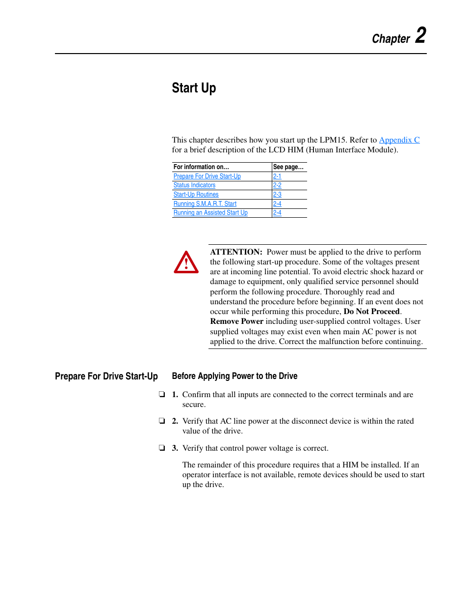Chapter 2, Start up, Prepare for drive start-up | Before applying power to the drive, Prepare for drive start-up -1 | Rockwell Automation 20M LPM15 Liquid-Cooled Adjustable Frequency AC Drive FRN 2.xxx User Manual | Page 45 / 148