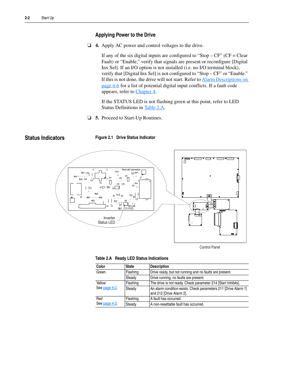 Applying power to the drive, Status indicators, Status indicators -2 | Rockwell Automation 20M LPM15 Liquid-Cooled Adjustable Frequency AC Drive FRN 2.xxx User Manual | Page 46 / 148