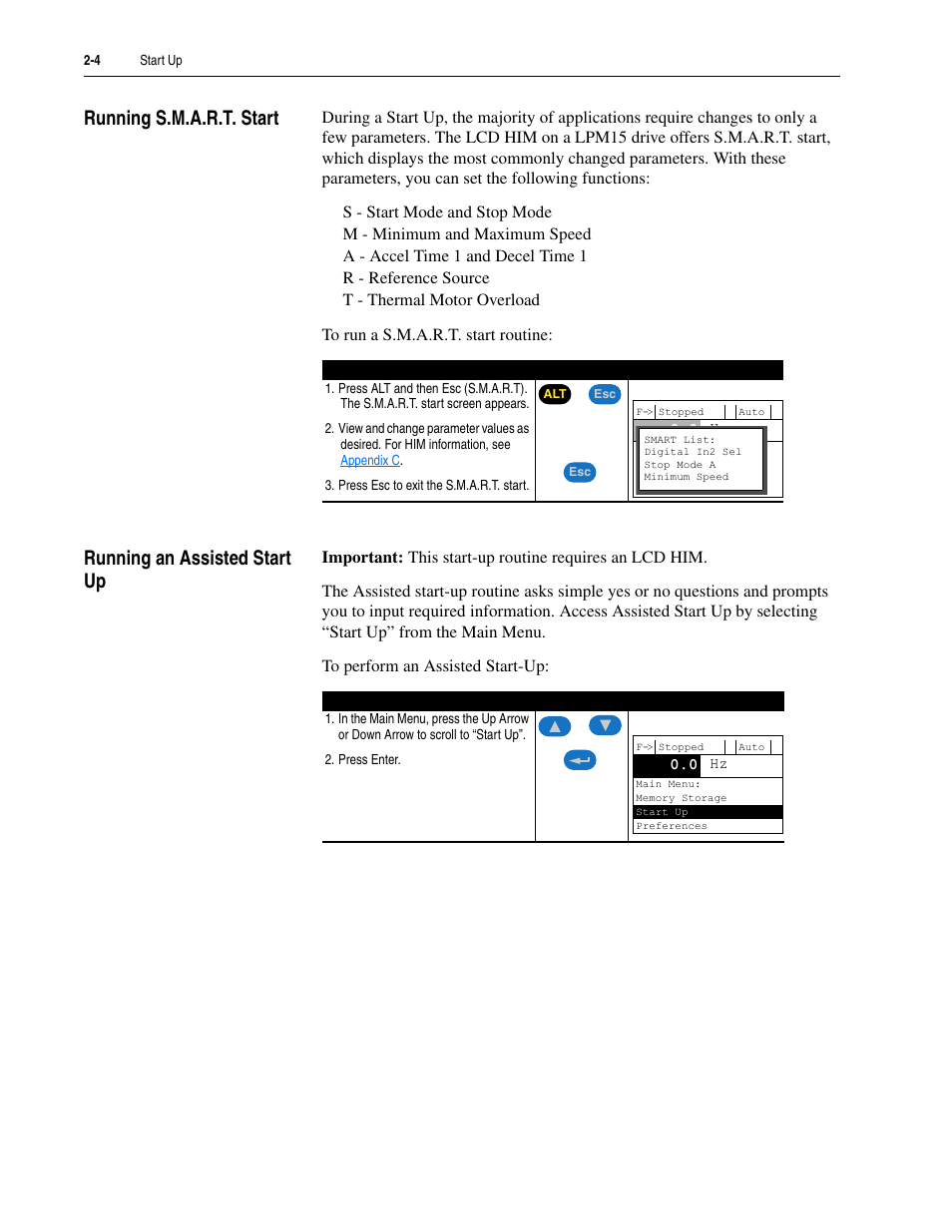 Running s.m.a.r.t. start, Running an assisted start up | Rockwell Automation 20M LPM15 Liquid-Cooled Adjustable Frequency AC Drive FRN 2.xxx User Manual | Page 48 / 148