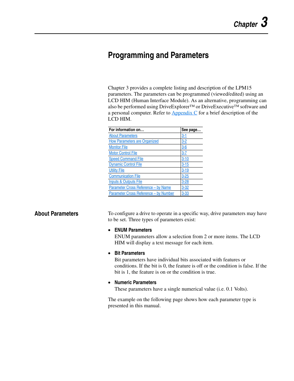 Chapter 3, Programming and parameters, About parameters | About parameters -1 | Rockwell Automation 20M LPM15 Liquid-Cooled Adjustable Frequency AC Drive FRN 2.xxx User Manual | Page 49 / 148
