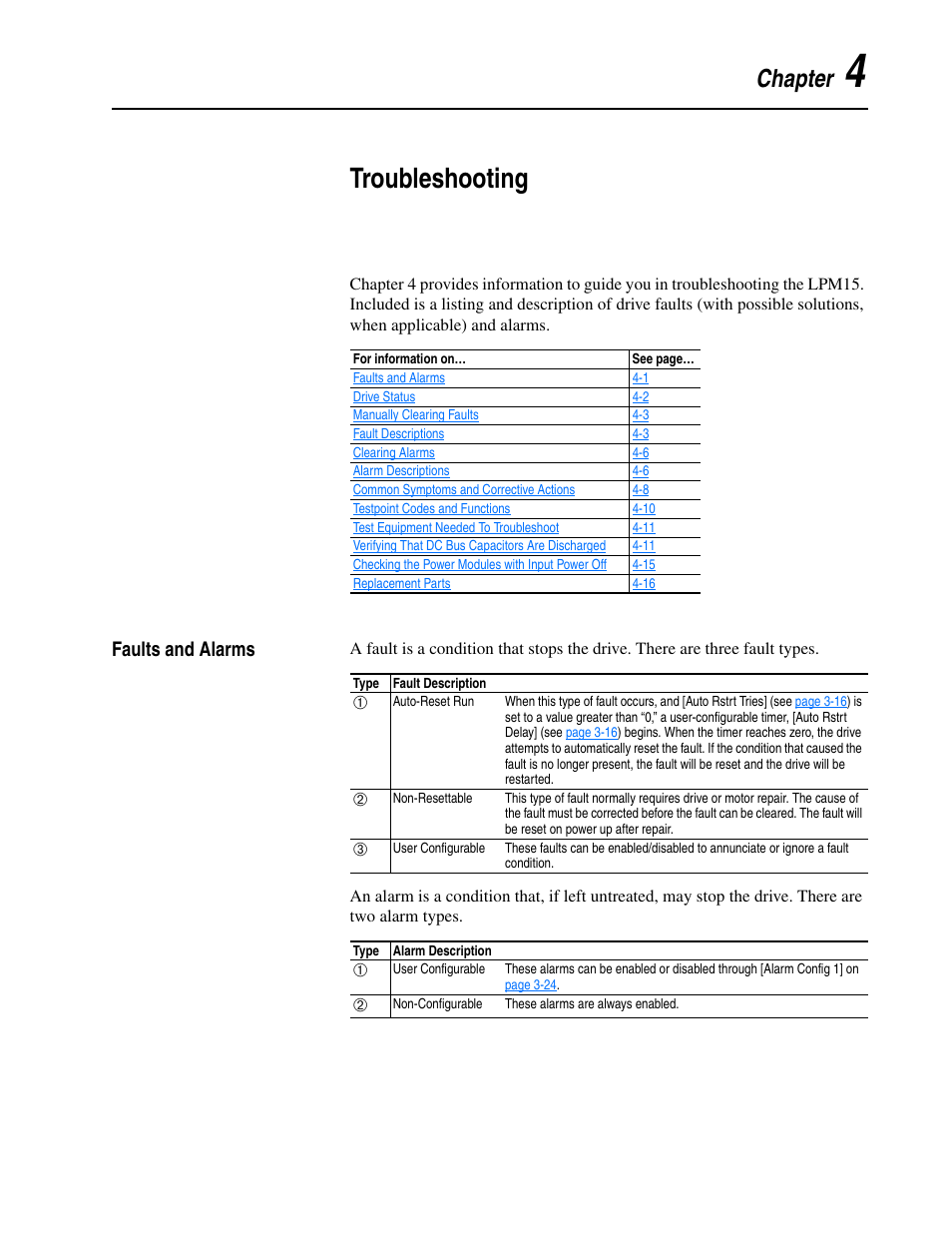 Chapter 4, Troubleshooting, Faults and alarms | Faults and alarms -1, Chapter | Rockwell Automation 20M LPM15 Liquid-Cooled Adjustable Frequency AC Drive FRN 2.xxx User Manual | Page 83 / 148