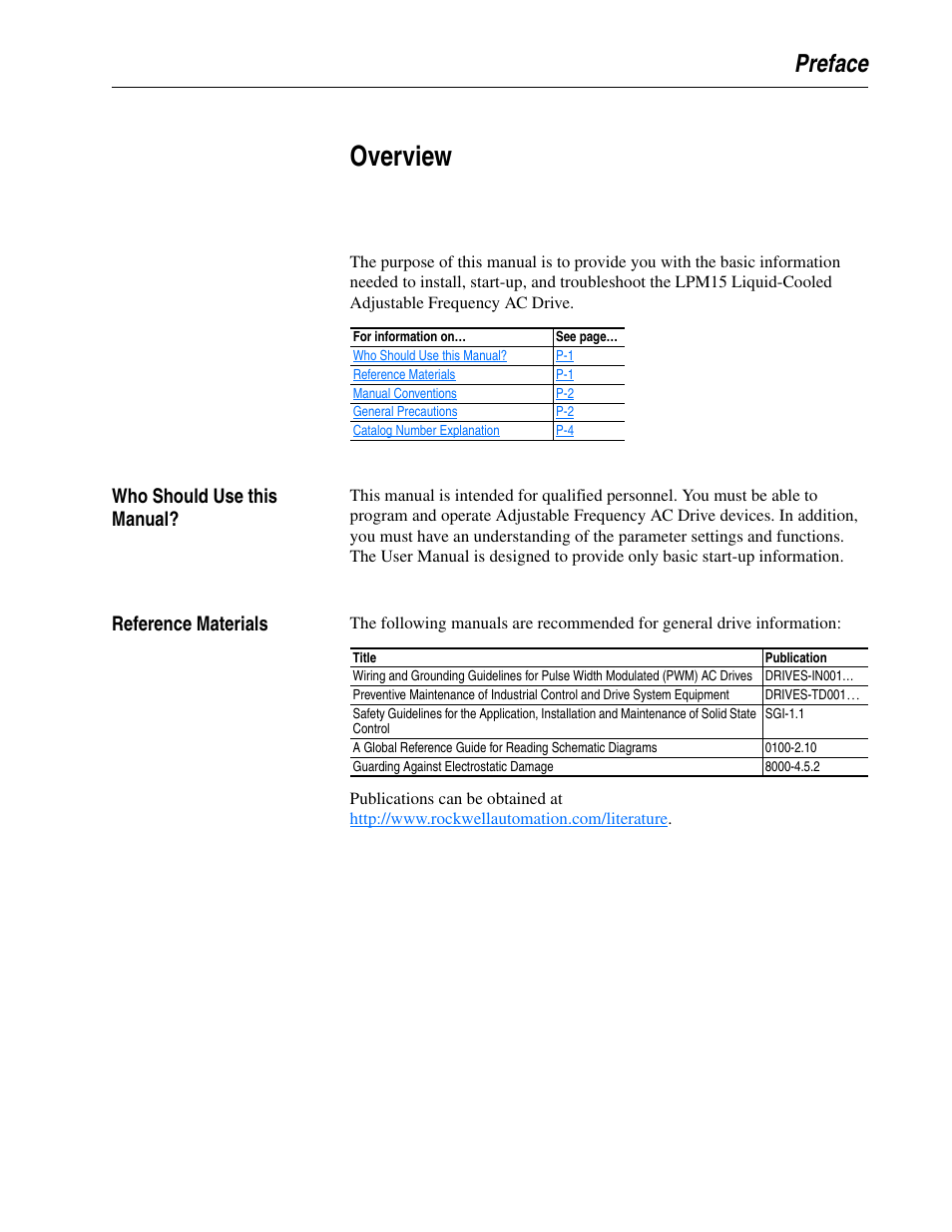 Preface, Overview, Who should use this manual | Reference materials | Rockwell Automation 20M LPM15 Liquid-Cooled Adjustable Frequency AC Drive FRN 2.xxx User Manual | Page 9 / 148