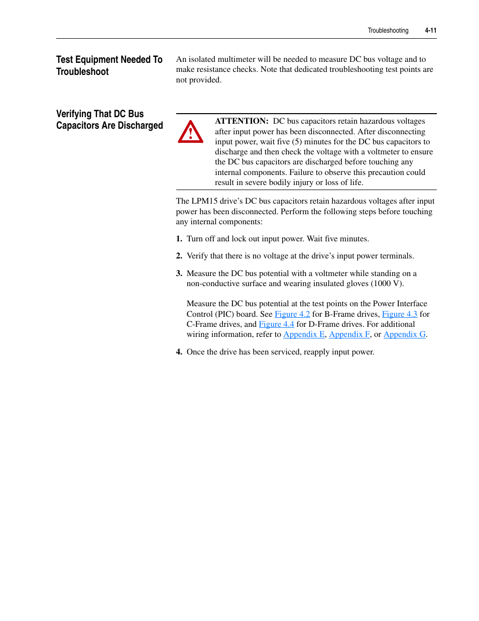 Test equipment needed to troubleshoot, Verifying that dc bus capacitors are discharged | Rockwell Automation 20M LPM15 Liquid-Cooled Adjustable Frequency AC Drive FRN 2.xxx User Manual | Page 93 / 148