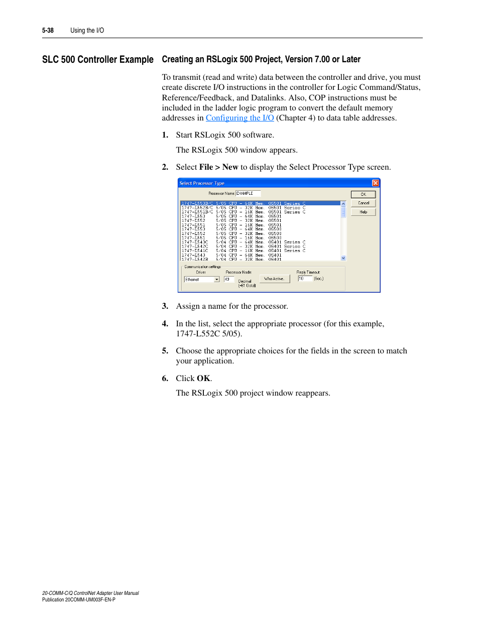 Slc 500 controller example, Slc 500 controller example -38 | Rockwell Automation 20-COMM-Q ControlNet Adapter User Manual | Page 112 / 270