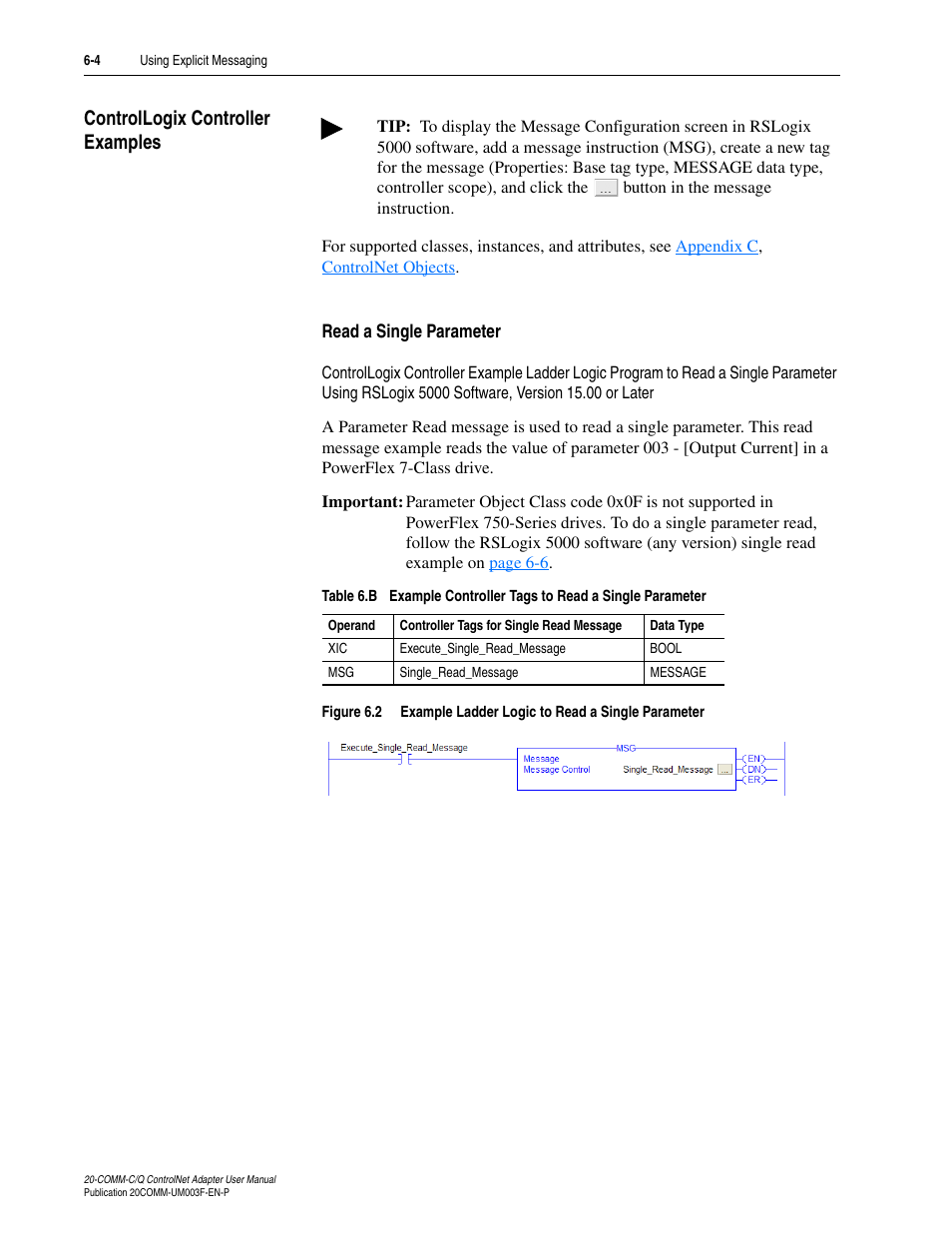 Controllogix controller examples, Read a single parameter, Controllogix controller examples -4 | Rockwell Automation 20-COMM-Q ControlNet Adapter User Manual | Page 132 / 270