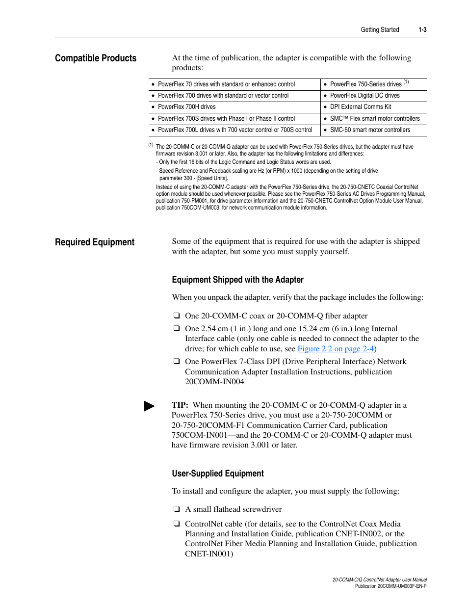 Compatible products, Required equipment, Equipment shipped with the adapter | User-supplied equipment, Compatible products -3 required equipment -3 | Rockwell Automation 20-COMM-Q ControlNet Adapter User Manual | Page 15 / 270