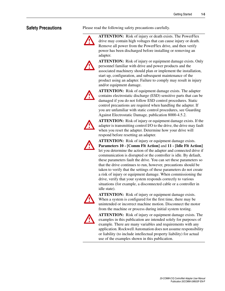 Safety precautions, Safety precautions -5 | Rockwell Automation 20-COMM-Q ControlNet Adapter User Manual | Page 17 / 270