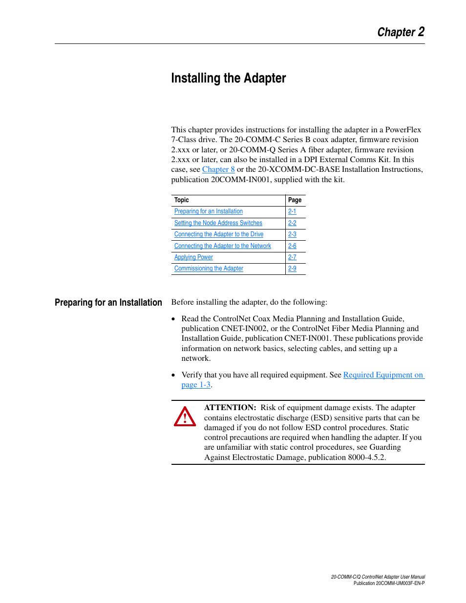 Chapter 2, Installing the adapter, Preparing for an installation | Preparing for an installation -1 | Rockwell Automation 20-COMM-Q ControlNet Adapter User Manual | Page 19 / 270