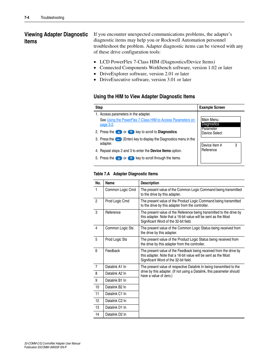 Viewing adapter diagnostic items, Using the him to view adapter diagnostic items, Viewing adapter diagnostic items -4 | Rockwell Automation 20-COMM-Q ControlNet Adapter User Manual | Page 196 / 270