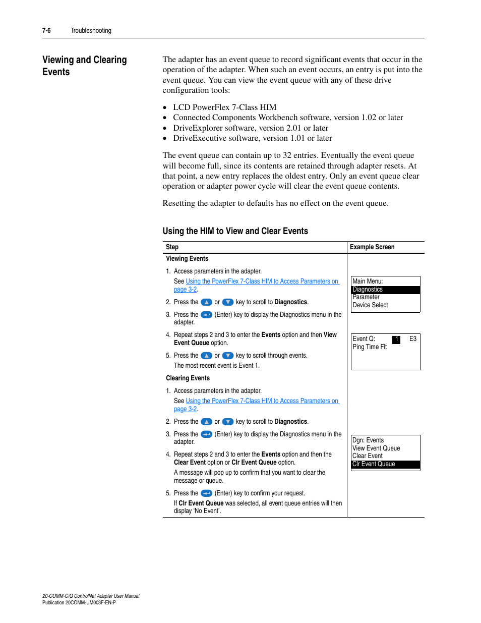Viewing and clearing events, Using the him to view and clear events, Viewing and clearing events -6 | Rockwell Automation 20-COMM-Q ControlNet Adapter User Manual | Page 198 / 270