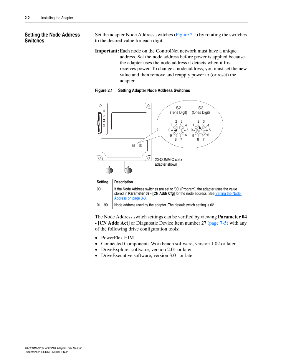 Setting the node address switches, Setting the node address switches -2, Setting the node address | Rockwell Automation 20-COMM-Q ControlNet Adapter User Manual | Page 20 / 270
