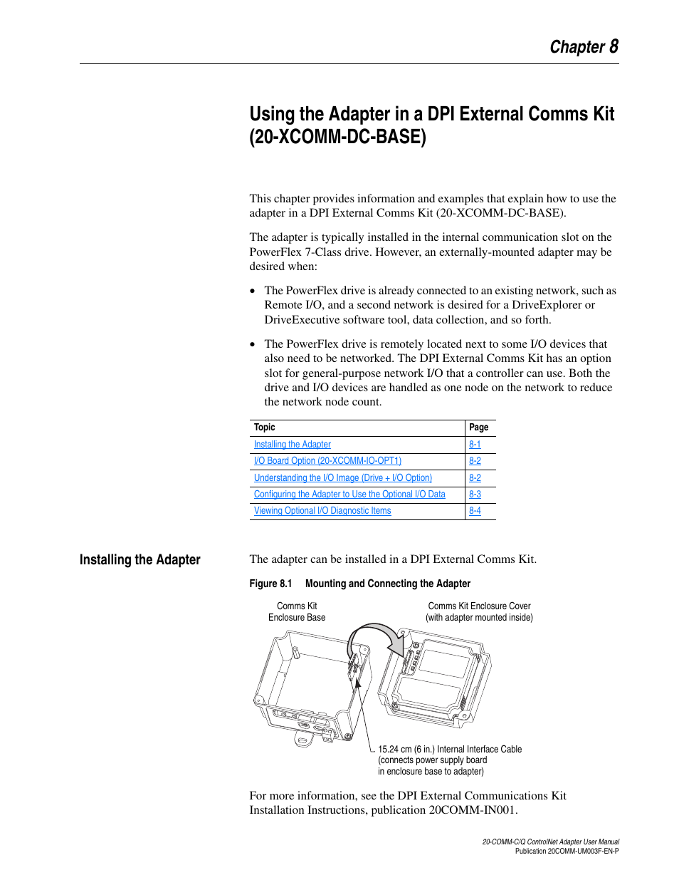 Chapter 8, Installing the adapter, Installing the adapter -1 | Using the adapter in a dpi external comms kit, Xcomm-dc-base), Se, see | Rockwell Automation 20-COMM-Q ControlNet Adapter User Manual | Page 201 / 270