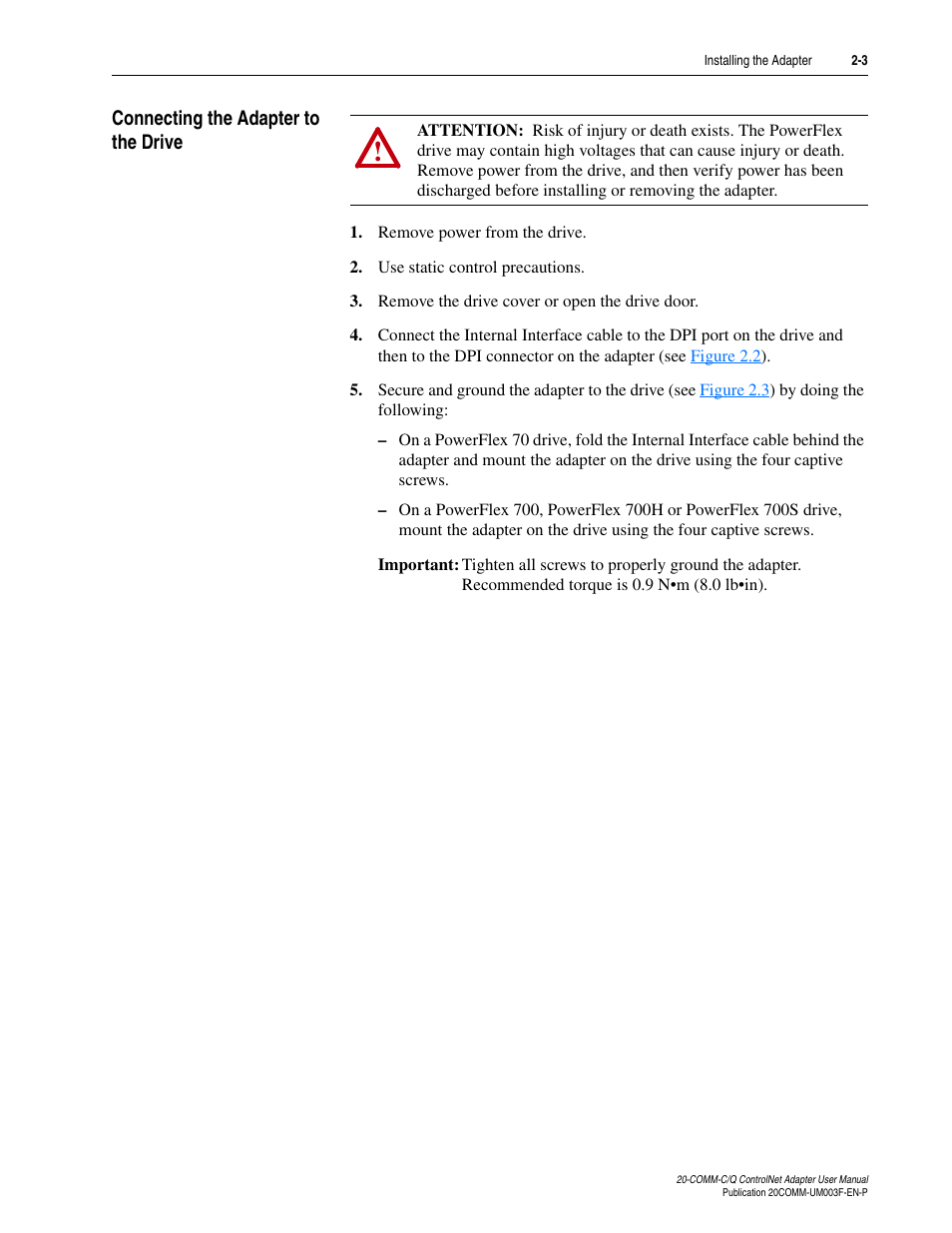 Connecting the adapter to the drive, Connecting the adapter to the drive -3 | Rockwell Automation 20-COMM-Q ControlNet Adapter User Manual | Page 21 / 270