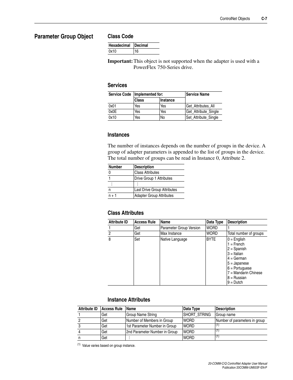 Parameter group object, Class code, Services | Instances, Class attributes, Instance attributes | Rockwell Automation 20-COMM-Q ControlNet Adapter User Manual | Page 217 / 270
