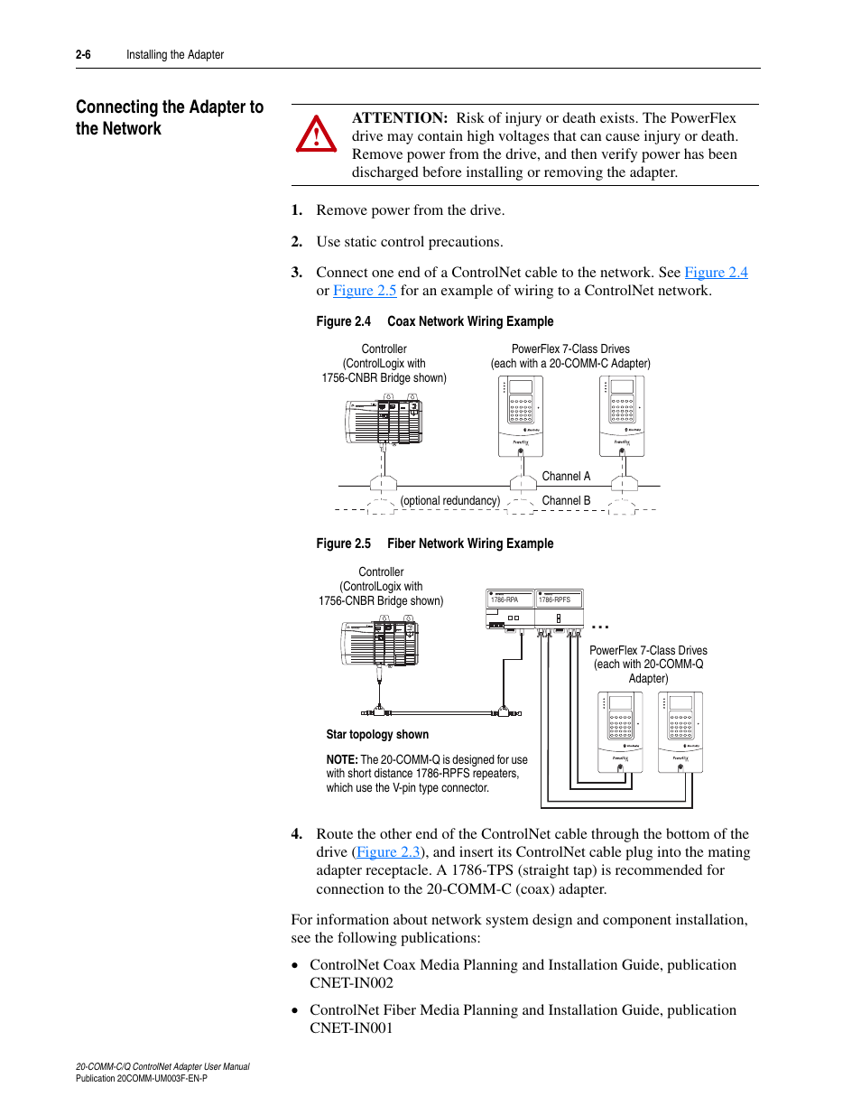 Connecting the adapter to the network, Connecting the adapter to the network -6 | Rockwell Automation 20-COMM-Q ControlNet Adapter User Manual | Page 24 / 270