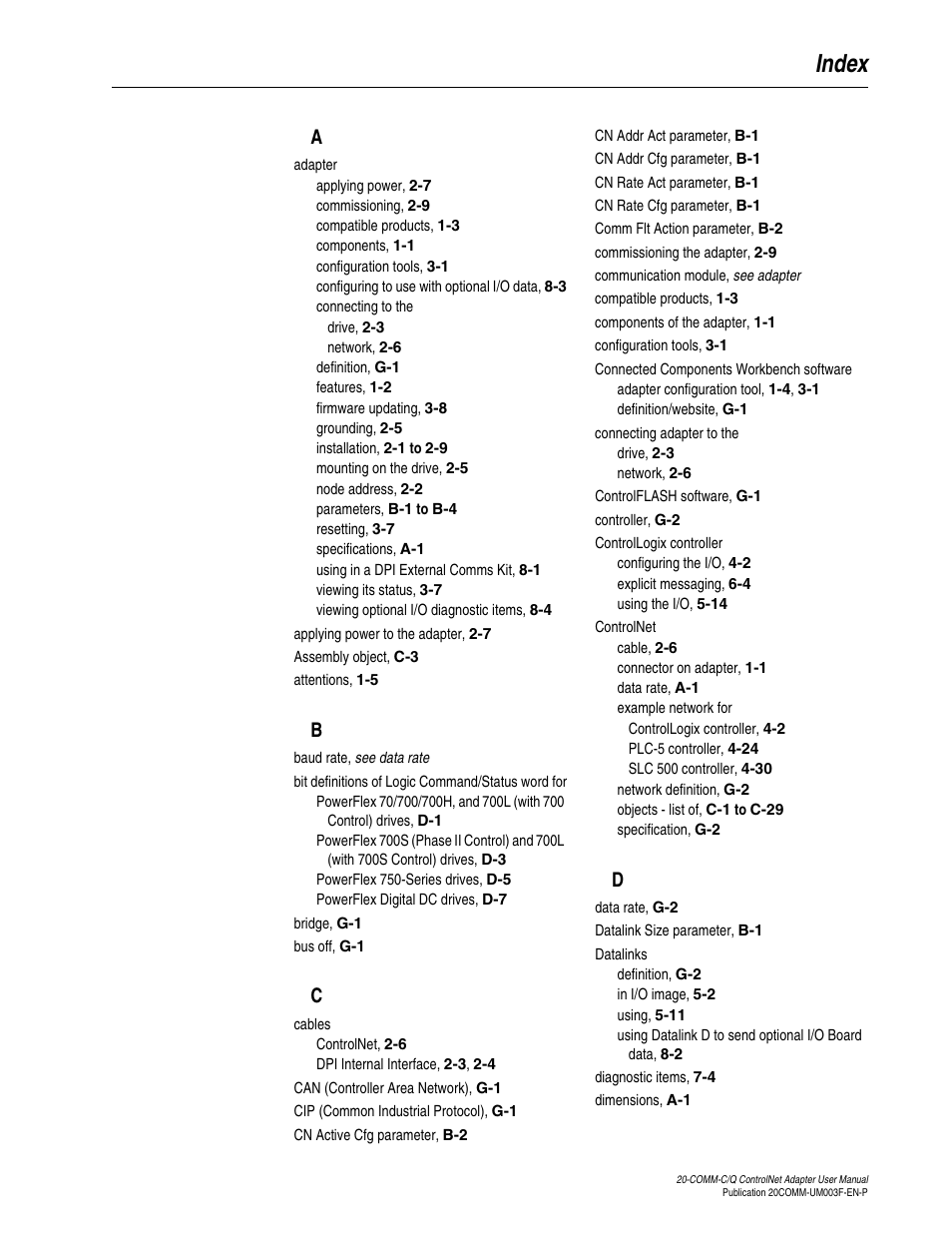 Index | Rockwell Automation 20-COMM-Q ControlNet Adapter User Manual | Page 263 / 270