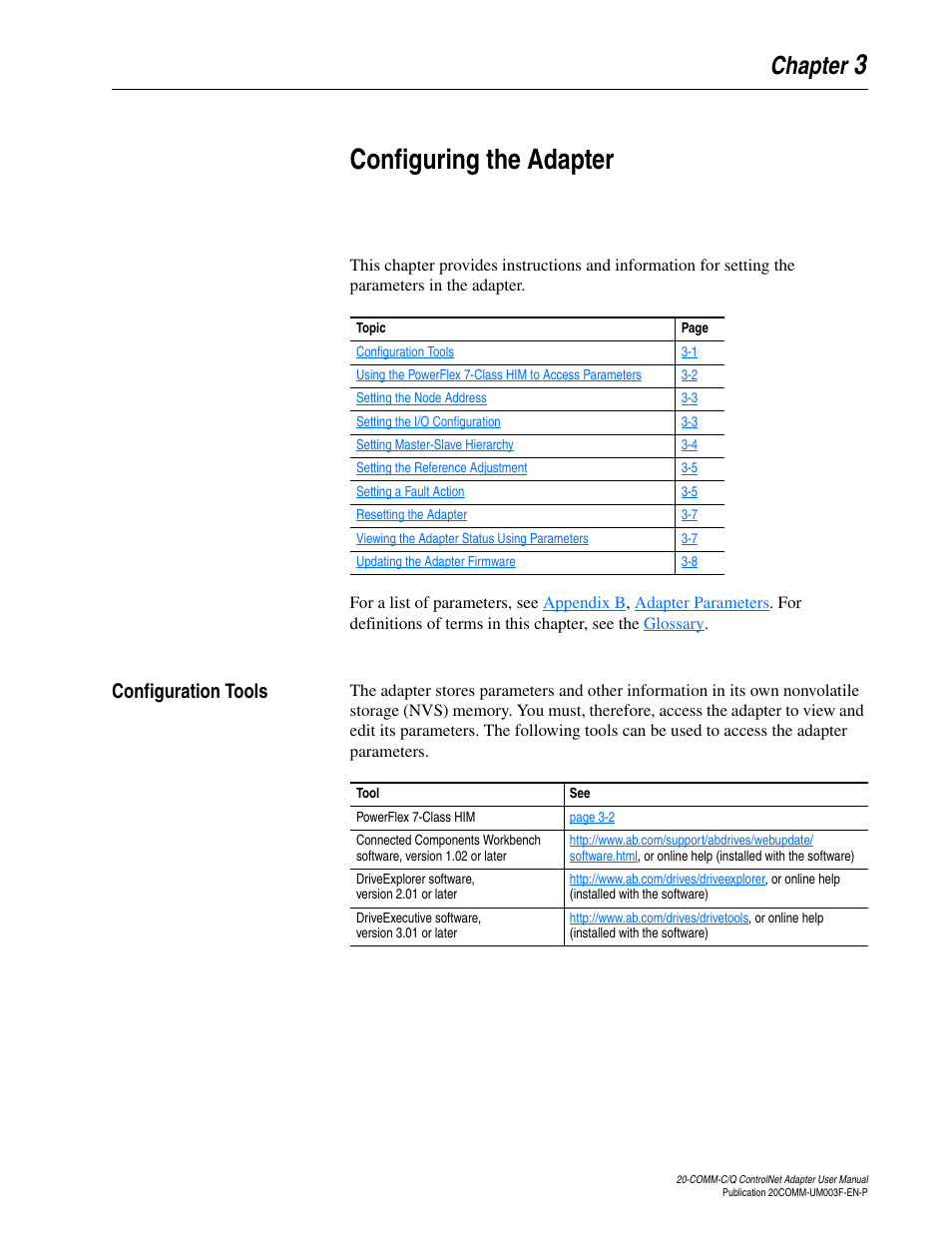 Chapter 3, Configuring the adapter, Configuration tools | Configuration tools -1, 3configuring the adapter, Chapter | Rockwell Automation 20-COMM-Q ControlNet Adapter User Manual | Page 29 / 270