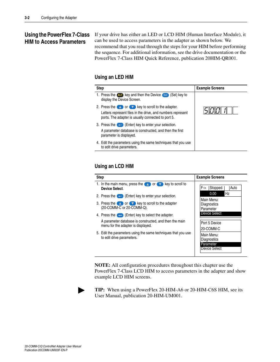 Using an led him, Using an lcd him | Rockwell Automation 20-COMM-Q ControlNet Adapter User Manual | Page 30 / 270