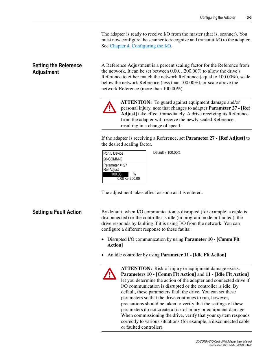 Setting the reference adjustment, Setting a fault action | Rockwell Automation 20-COMM-Q ControlNet Adapter User Manual | Page 33 / 270