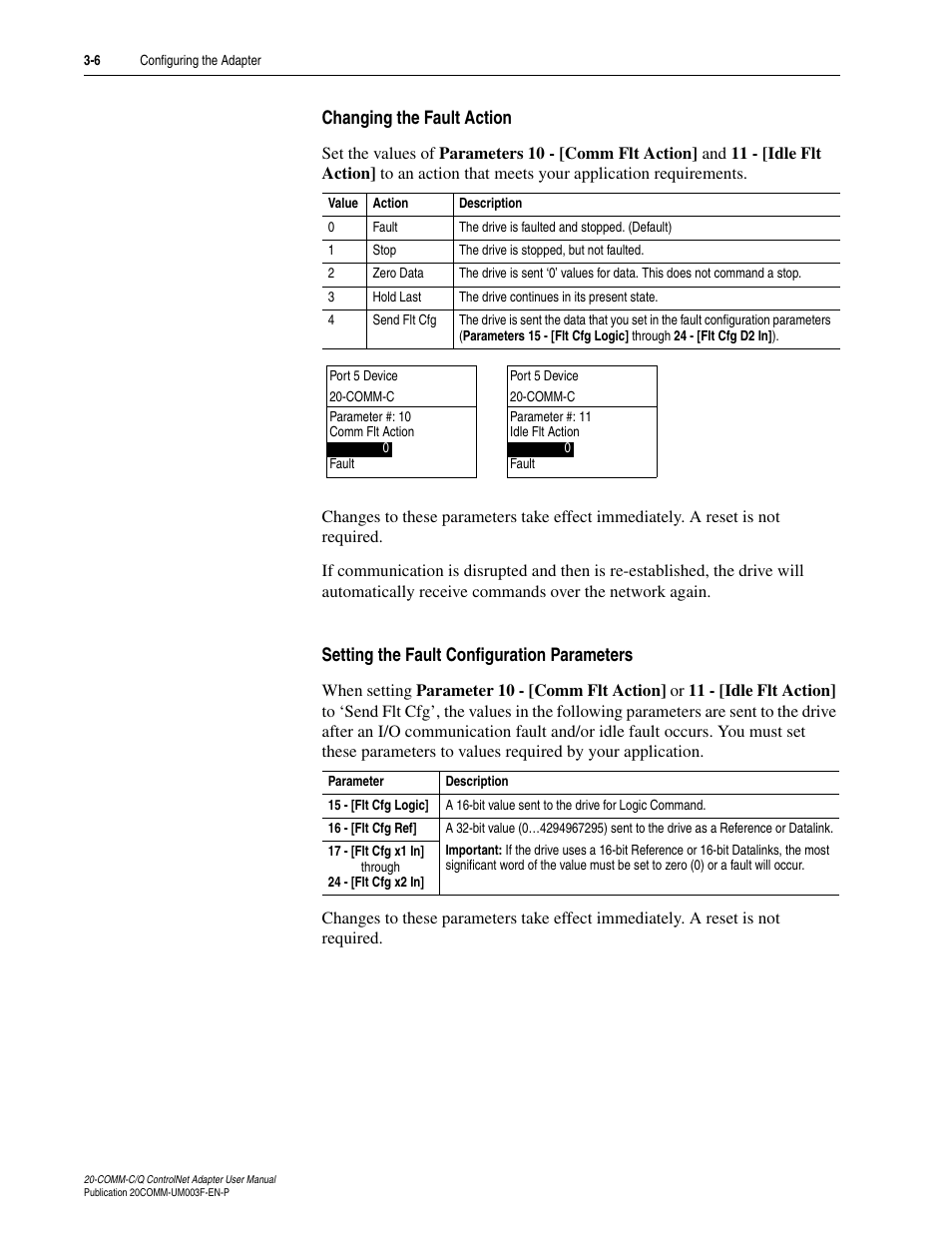 Changing the fault action, Setting the fault configuration parameters | Rockwell Automation 20-COMM-Q ControlNet Adapter User Manual | Page 34 / 270