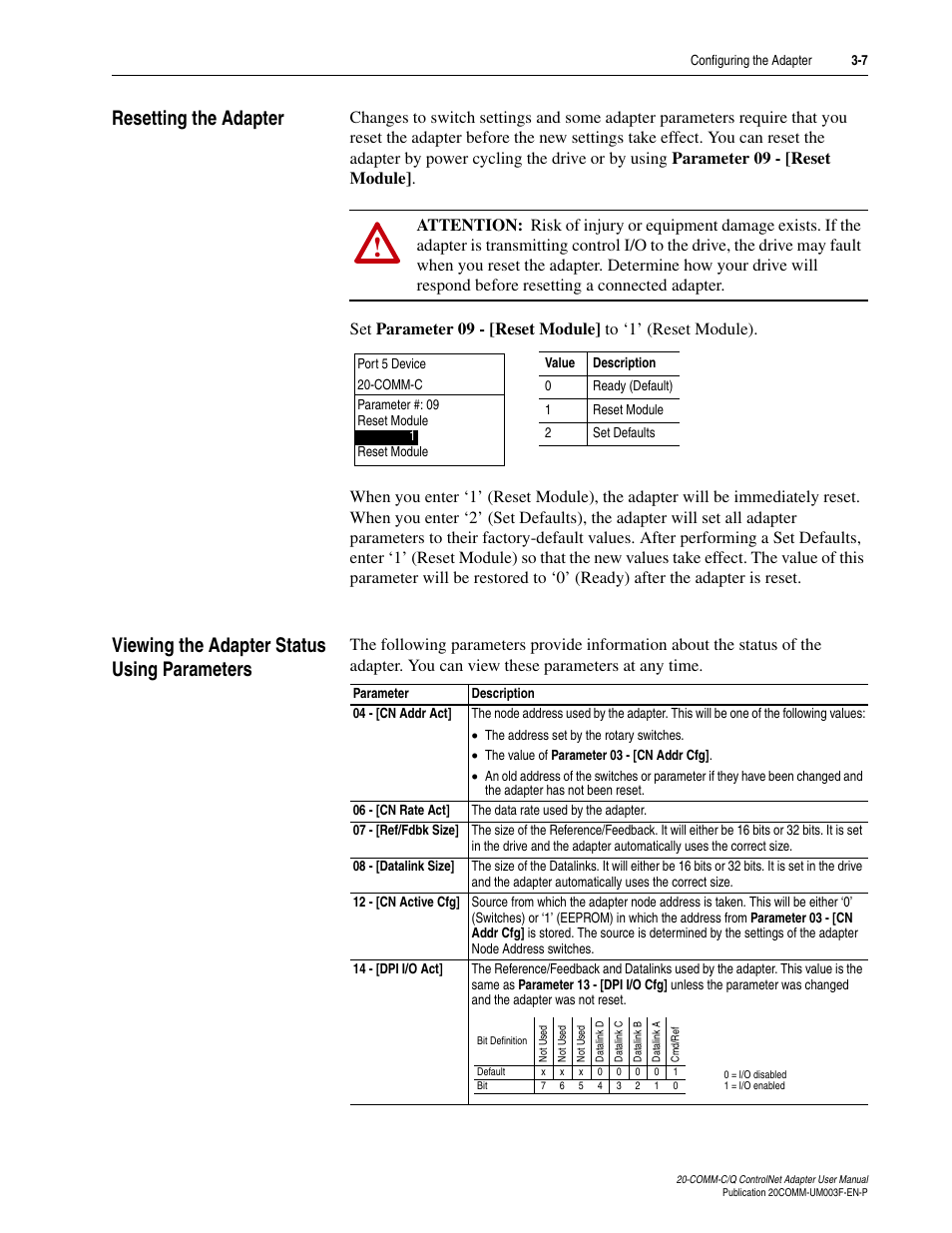 Resetting the adapter, Viewing the adapter status using parameters | Rockwell Automation 20-COMM-Q ControlNet Adapter User Manual | Page 35 / 270