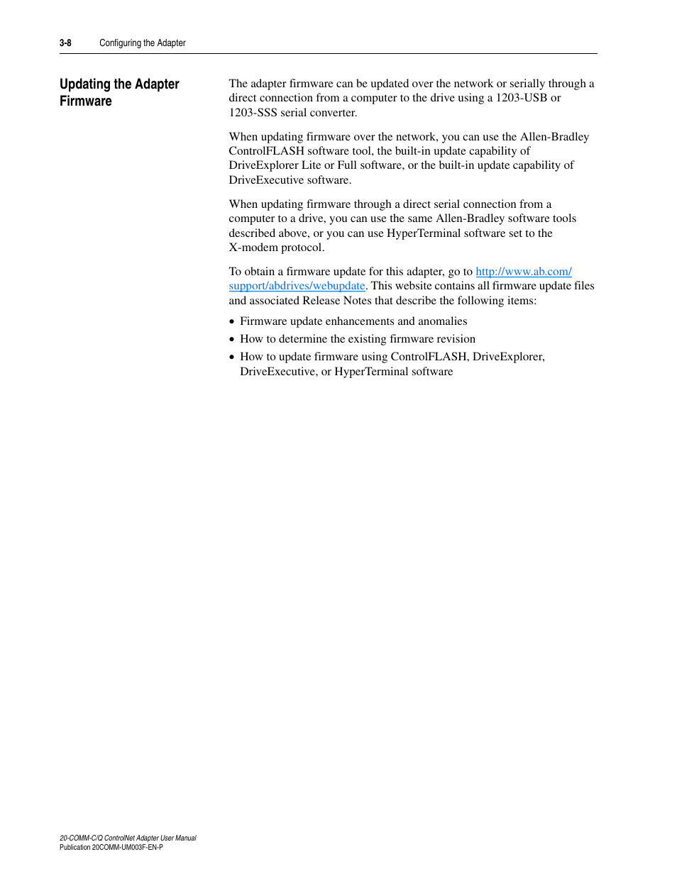 Updating the adapter firmware, Updating the adapter firmware -8 | Rockwell Automation 20-COMM-Q ControlNet Adapter User Manual | Page 36 / 270