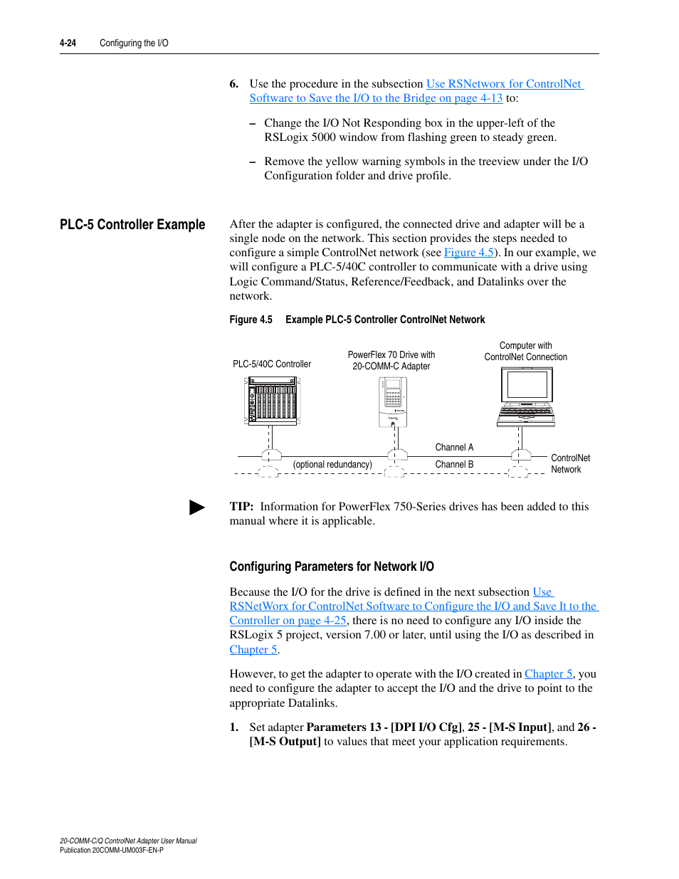 Plc-5 controller example, Configuring parameters for network i/o, Plc-5 controller example -24 | Rockwell Automation 20-COMM-Q ControlNet Adapter User Manual | Page 60 / 270
