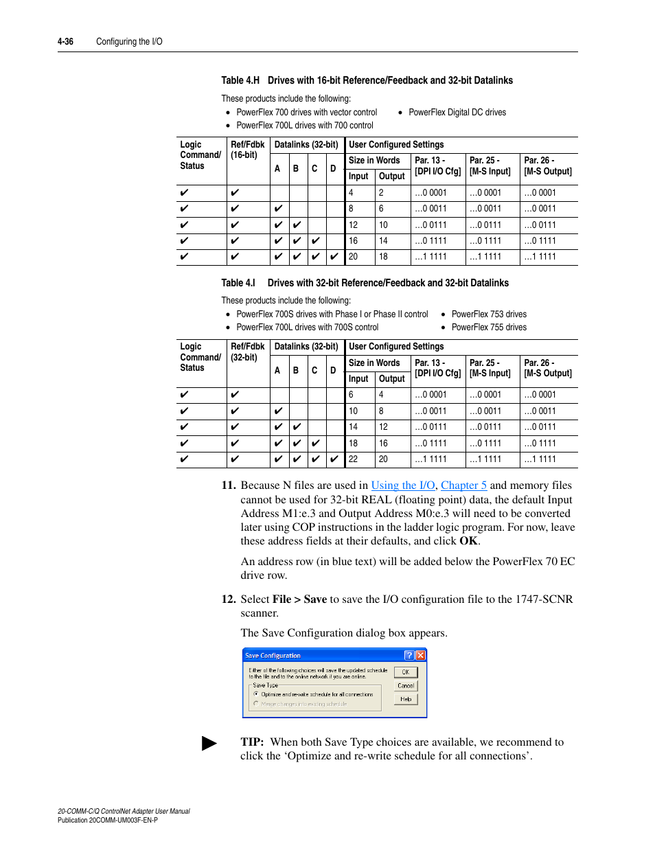 Table 4.h, Table 4.i | Rockwell Automation 20-COMM-Q ControlNet Adapter User Manual | Page 72 / 270