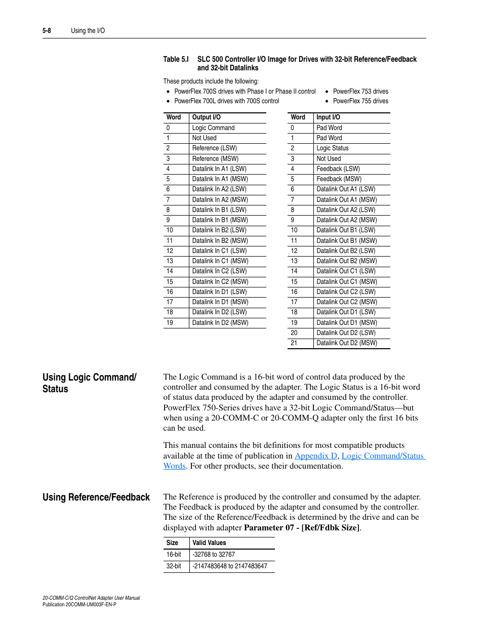 Using logic command/ status, Using reference/feedback, Using logic command/status | Table 5.i | Rockwell Automation 20-COMM-Q ControlNet Adapter User Manual | Page 82 / 270