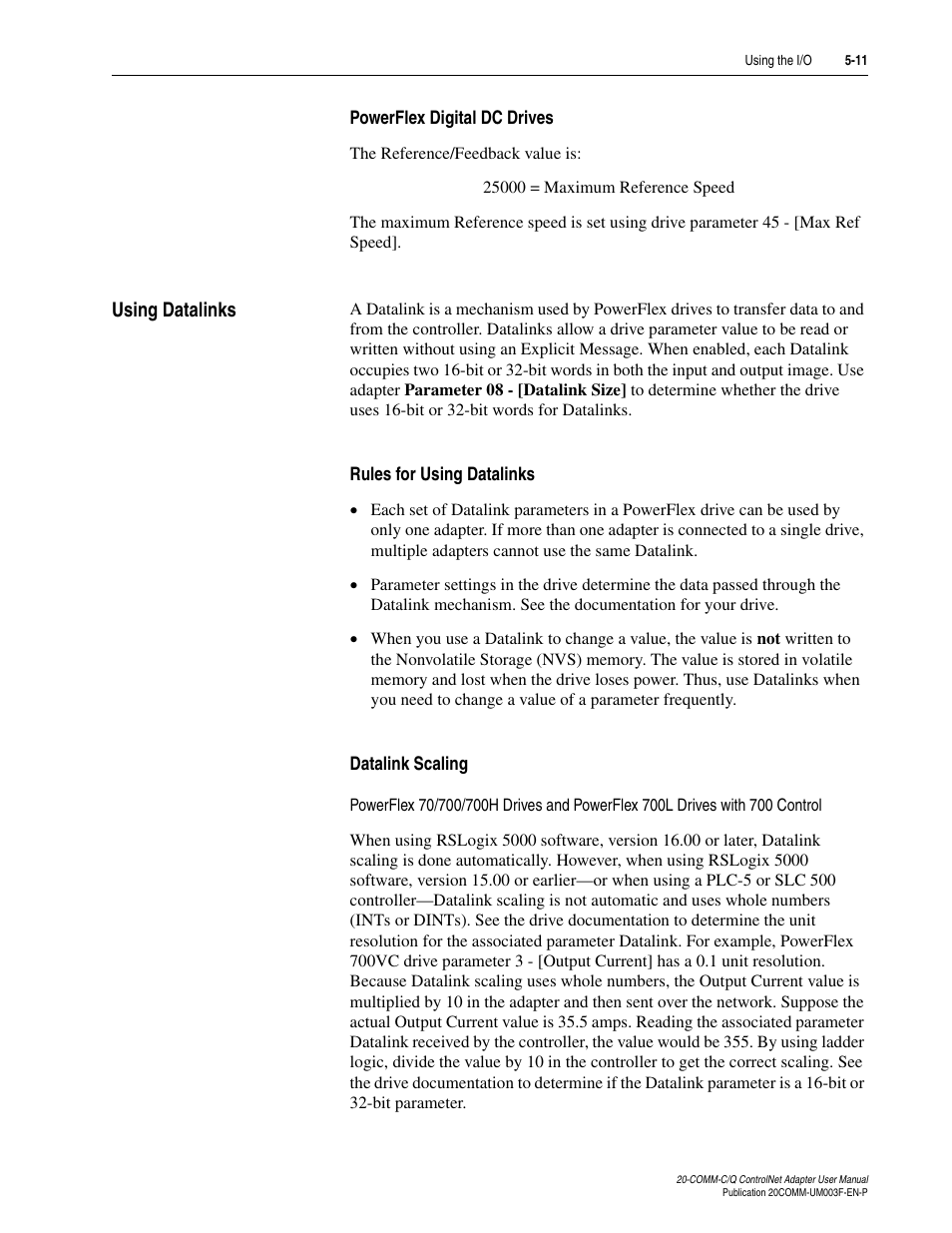 Powerflex digital dc drives, Using datalinks, Rules for using datalinks | Datalink scaling, Using datalinks -11, Using | Rockwell Automation 20-COMM-Q ControlNet Adapter User Manual | Page 85 / 270