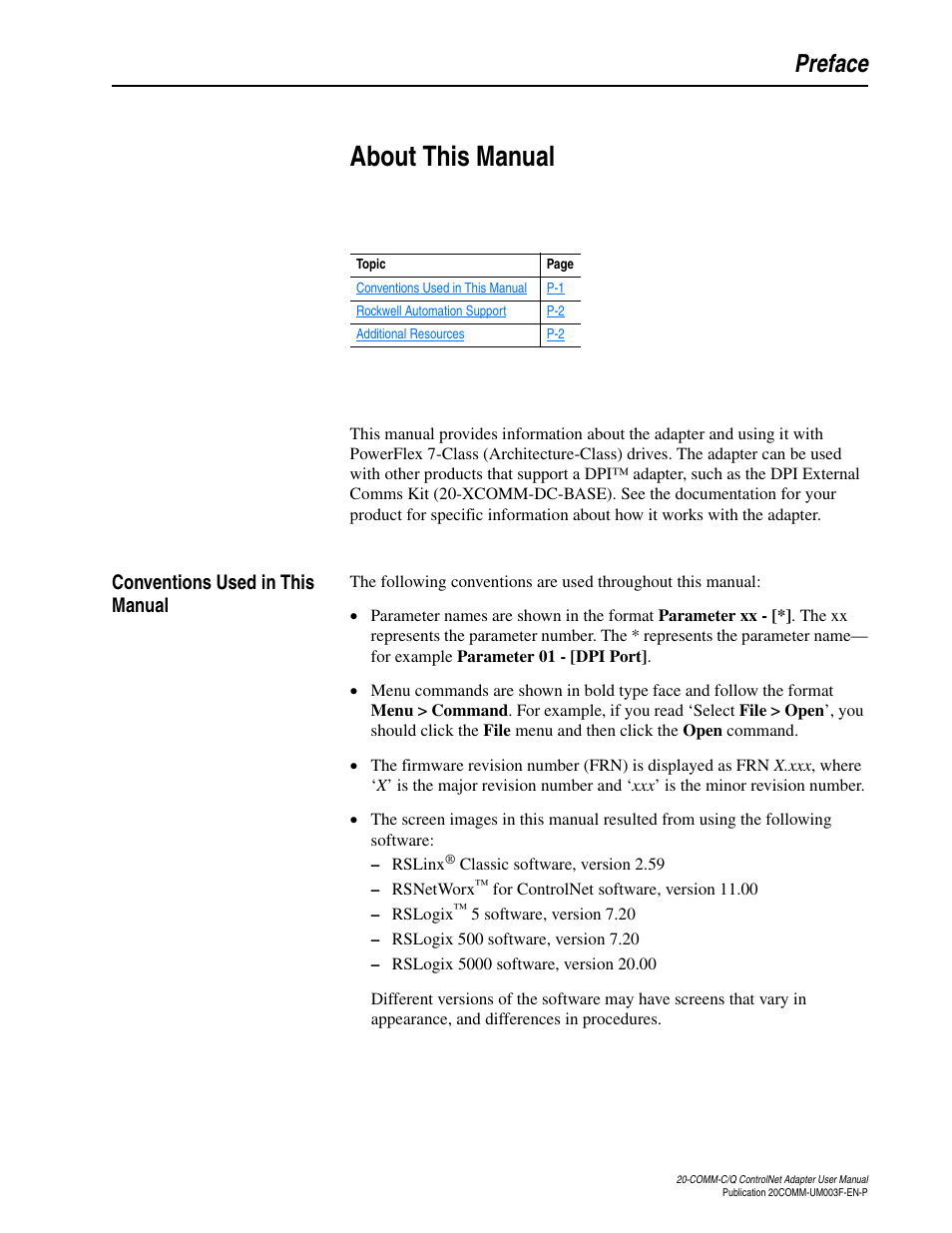 Preface, About this manual, Conventions used in this manual | Rockwell Automation 20-COMM-Q ControlNet Adapter User Manual | Page 9 / 270