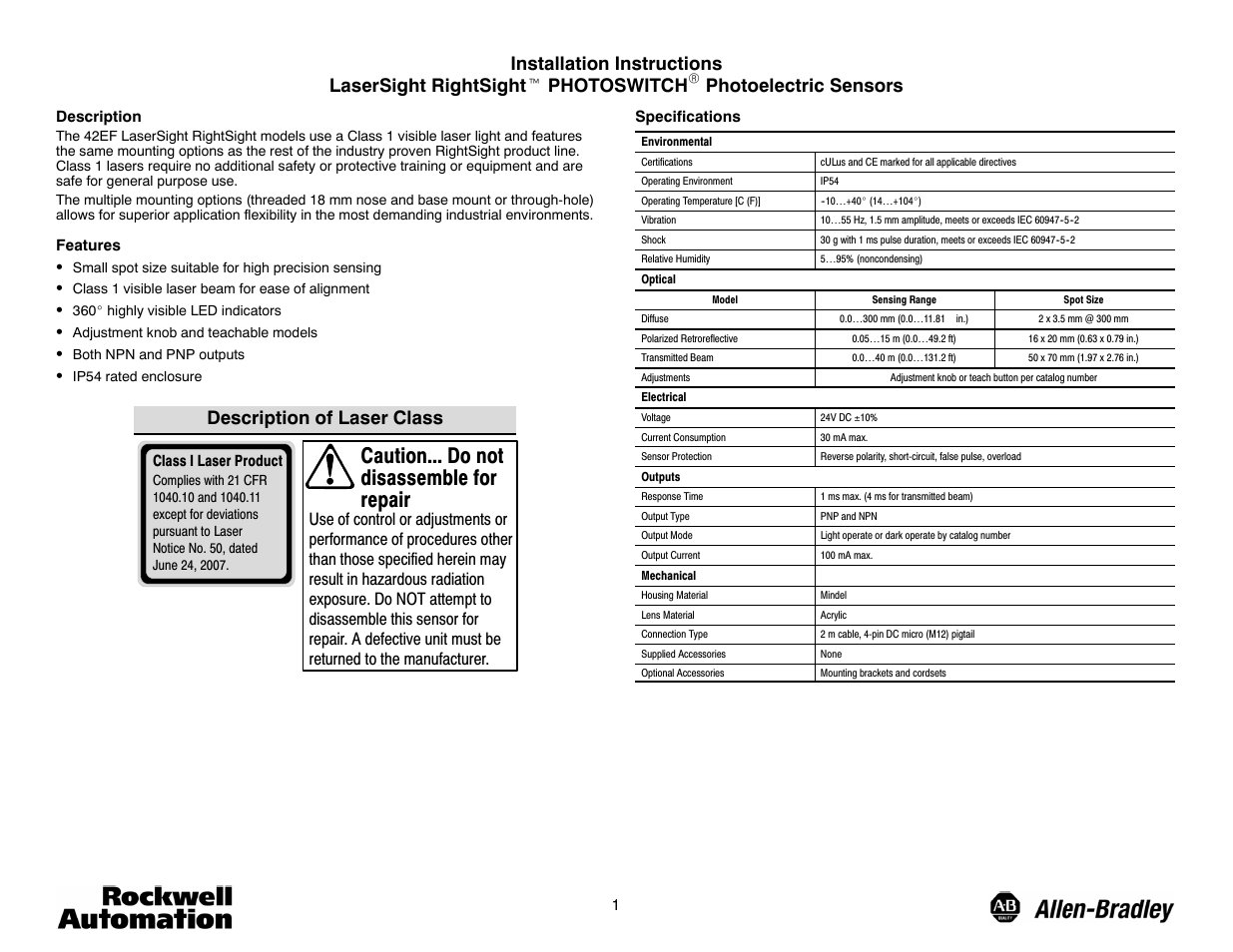 Rockwell Automation 42EF LaserSight RightSight Photoelectric Sensors User Manual | 4 pages