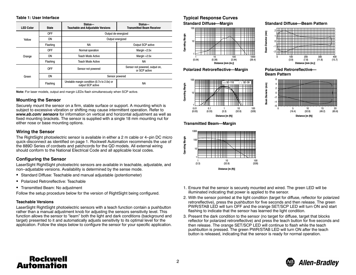 Mounting the sensor, Wiring the sensor, Configuring the sensor | Typical response curves | Rockwell Automation 42EF LaserSight RightSight Photoelectric Sensors User Manual | Page 2 / 4