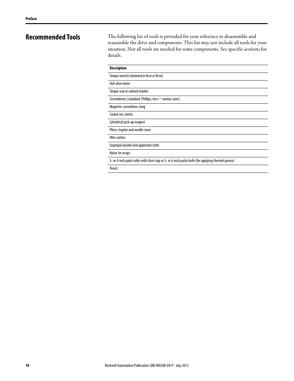 Recommended tools | Rockwell Automation 20B PowerFlex 700 Drives - Frame 10 Components Replacement User Manual | Page 10 / 88
