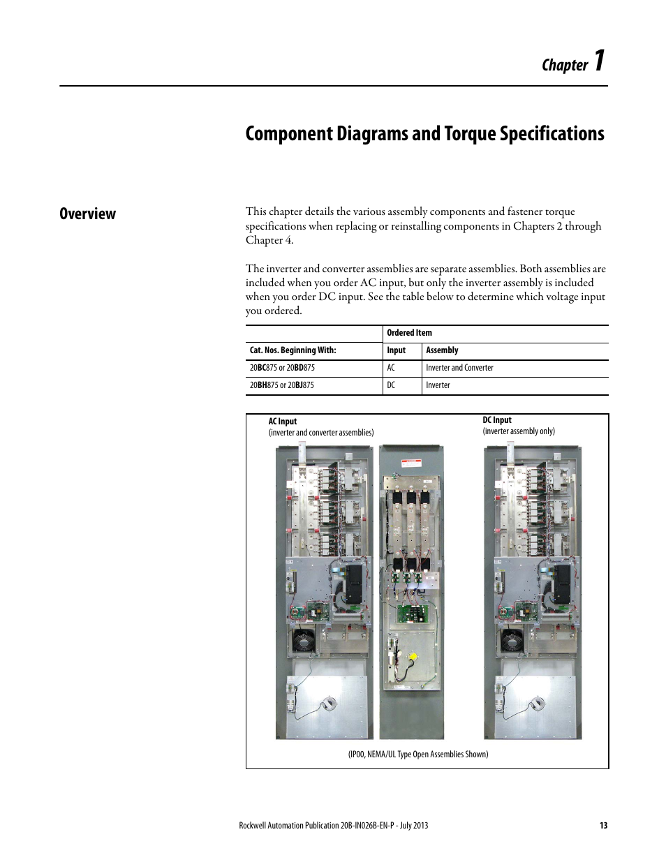 1 - component diagrams and torque specifications, Overview, Chapter 1 | Component diagrams and torque specifications, Chapter | Rockwell Automation 20B PowerFlex 700 Drives - Frame 10 Components Replacement User Manual | Page 13 / 88