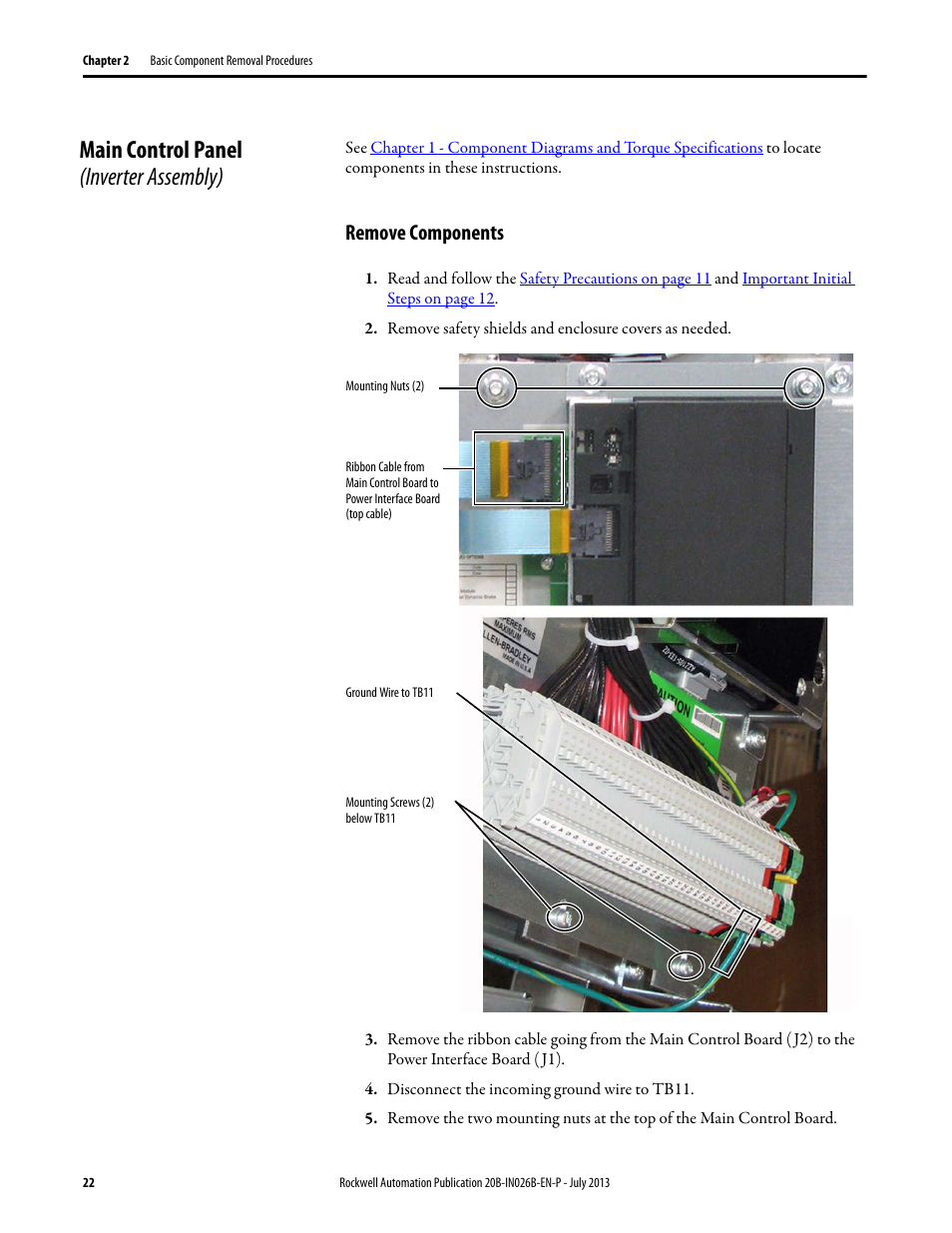 Main control panel (inverter assembly), Remove components | Rockwell Automation 20B PowerFlex 700 Drives - Frame 10 Components Replacement User Manual | Page 22 / 88