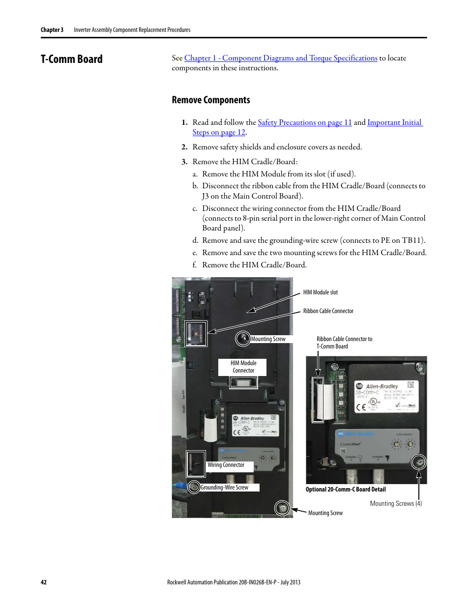 T-comm board, Remove components | Rockwell Automation 20B PowerFlex 700 Drives - Frame 10 Components Replacement User Manual | Page 42 / 88