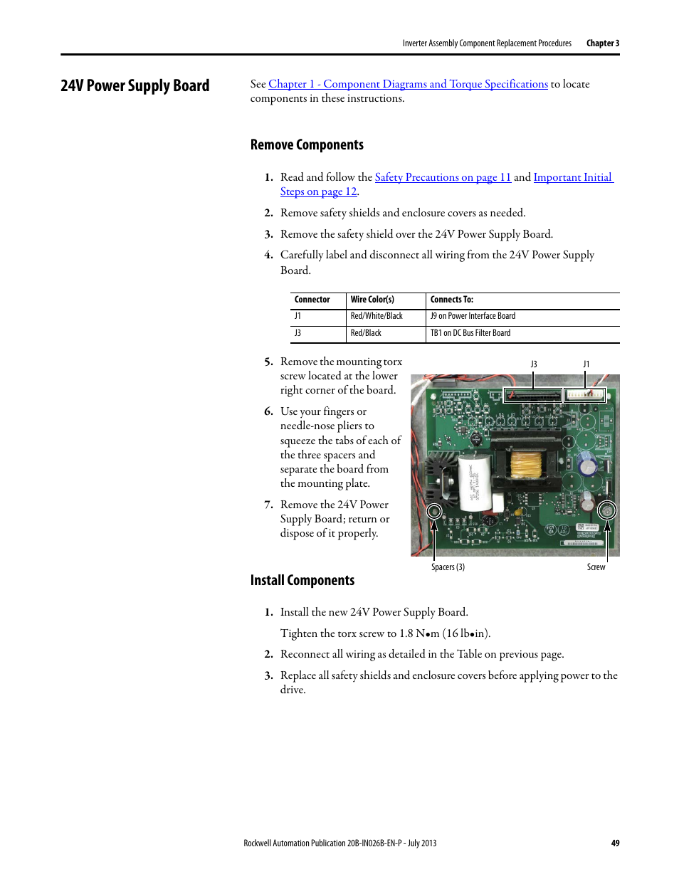 24v power supply board, Remove components, Install components | Remove components install components | Rockwell Automation 20B PowerFlex 700 Drives - Frame 10 Components Replacement User Manual | Page 49 / 88