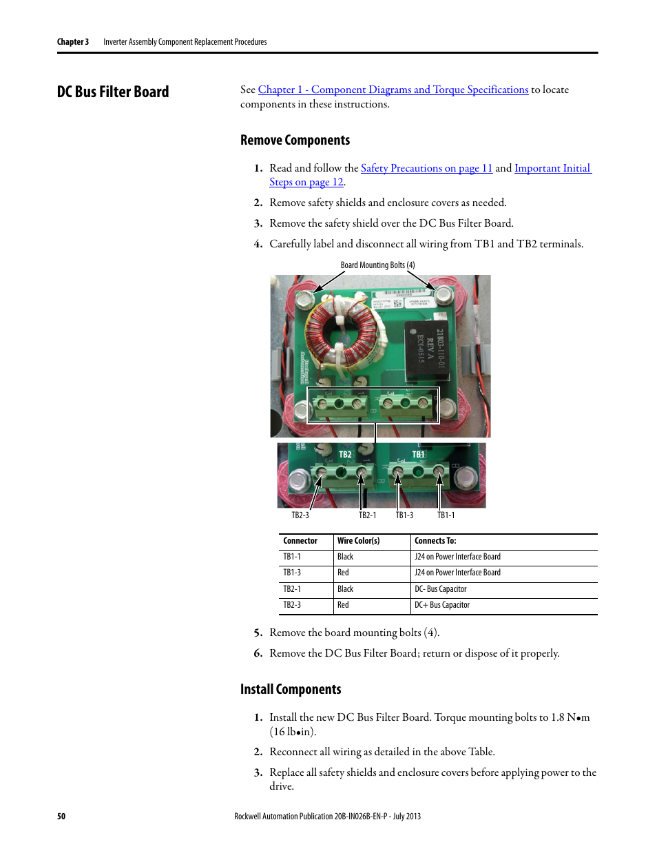 Dc bus filter board, Remove components, Install components | Remove components install components | Rockwell Automation 20B PowerFlex 700 Drives - Frame 10 Components Replacement User Manual | Page 50 / 88