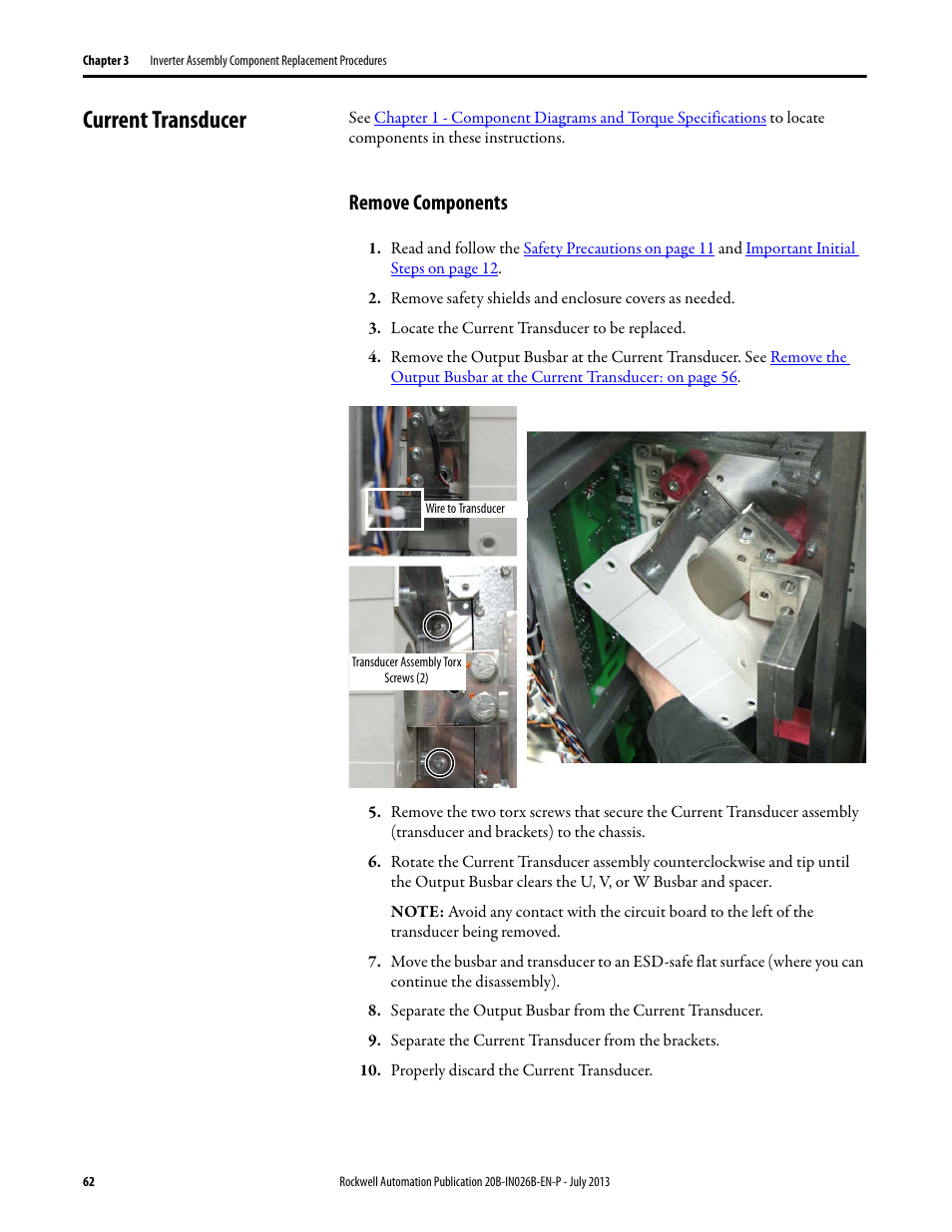 Current transducer, Remove components | Rockwell Automation 20B PowerFlex 700 Drives - Frame 10 Components Replacement User Manual | Page 62 / 88