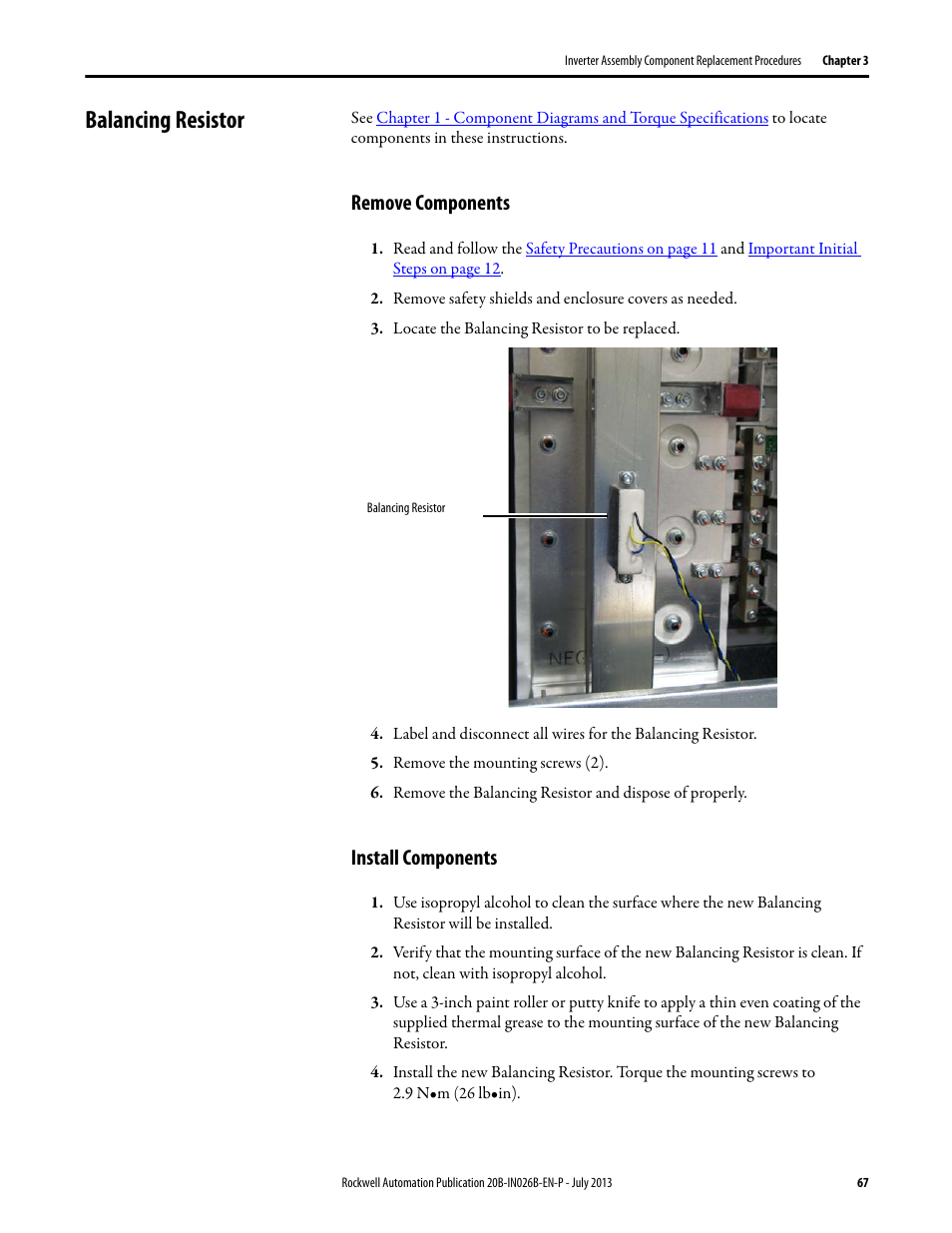 Balancing resistor, Remove components, Install components | Remove components install components | Rockwell Automation 20B PowerFlex 700 Drives - Frame 10 Components Replacement User Manual | Page 67 / 88