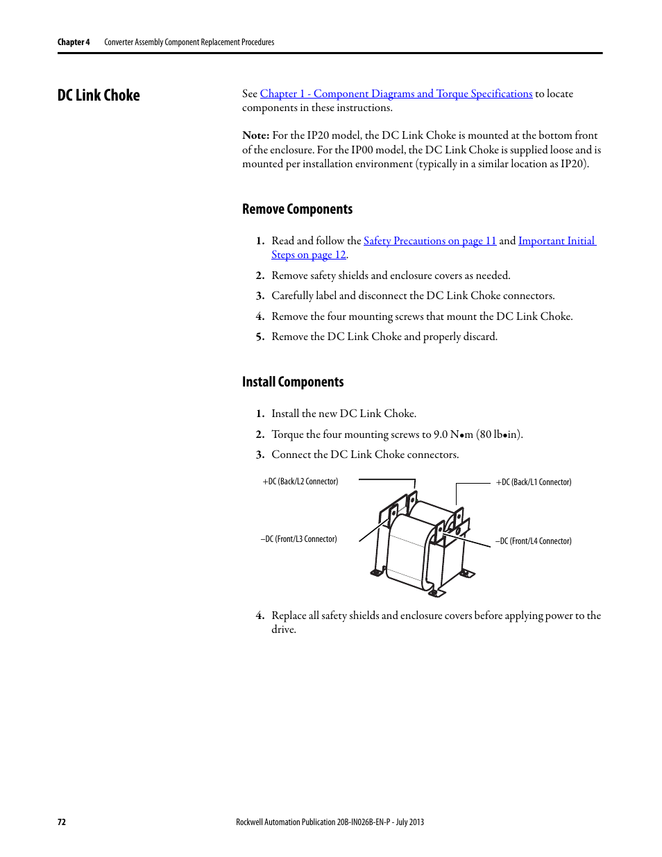 Dc link choke, Remove components, Install components | Remove components install components | Rockwell Automation 20B PowerFlex 700 Drives - Frame 10 Components Replacement User Manual | Page 72 / 88