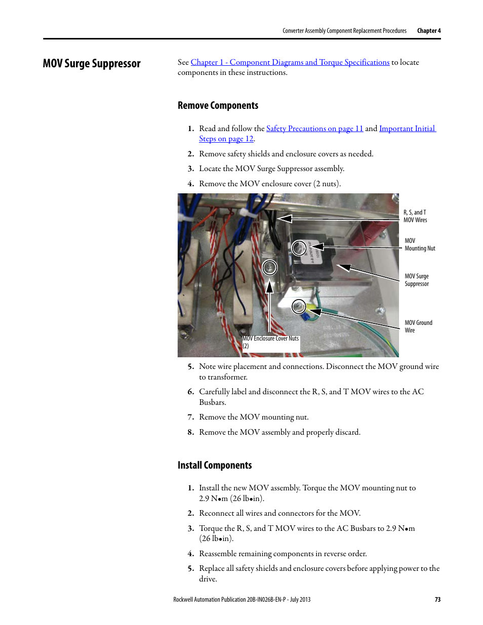 Mov surge suppressor, Remove components, Install components | Remove components install components | Rockwell Automation 20B PowerFlex 700 Drives - Frame 10 Components Replacement User Manual | Page 73 / 88