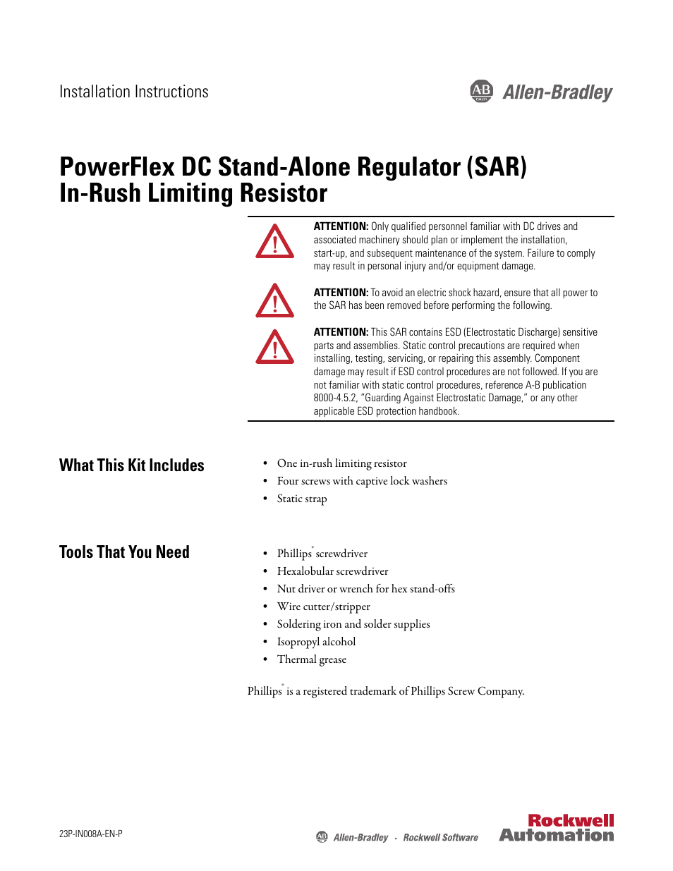 Rockwell Automation 23P PowerFlex DC Stand-Alone Regulator (SAR) In-Rush Limiting Resistor User Manual | 10 pages