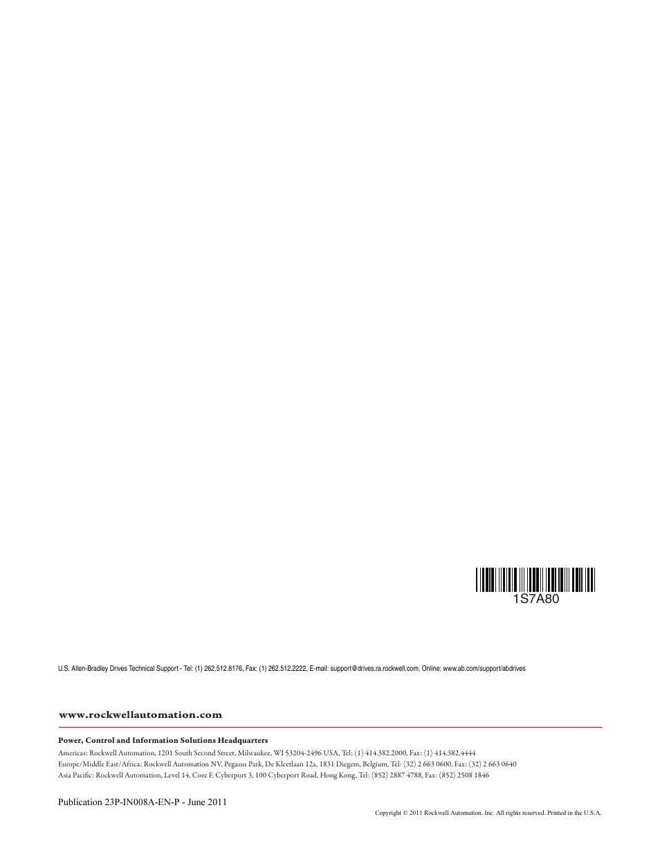 Back cover, 1s7a80 | Rockwell Automation 23P PowerFlex DC Stand-Alone Regulator (SAR) In-Rush Limiting Resistor User Manual | Page 10 / 10