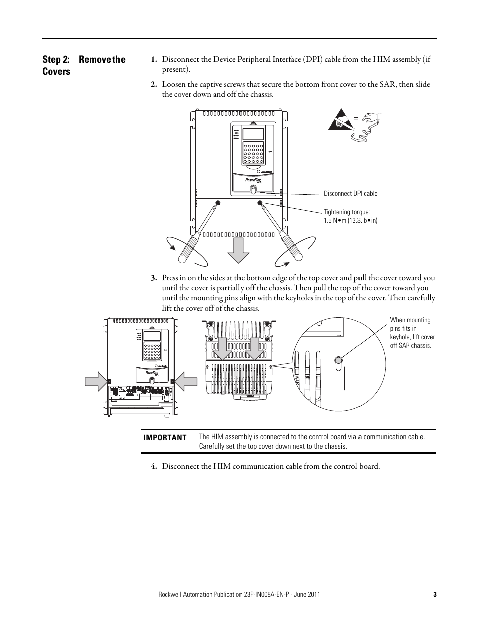 Step 2: remove the covers, Remove the covers | Rockwell Automation 23P PowerFlex DC Stand-Alone Regulator (SAR) In-Rush Limiting Resistor User Manual | Page 3 / 10