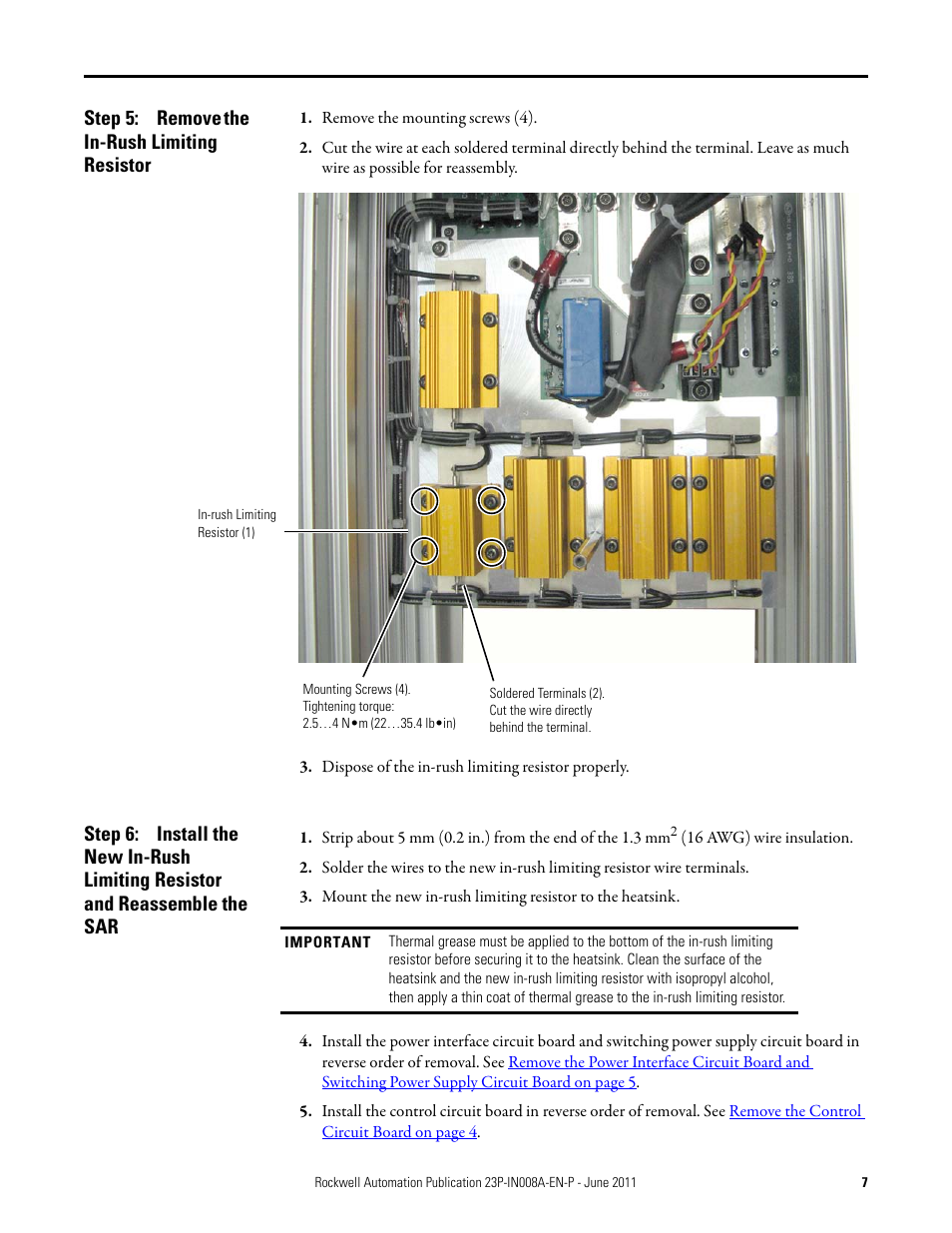 Step 5: remove the in-rush limiting resistor, Remove the in-rush limiting resistor | Rockwell Automation 23P PowerFlex DC Stand-Alone Regulator (SAR) In-Rush Limiting Resistor User Manual | Page 7 / 10