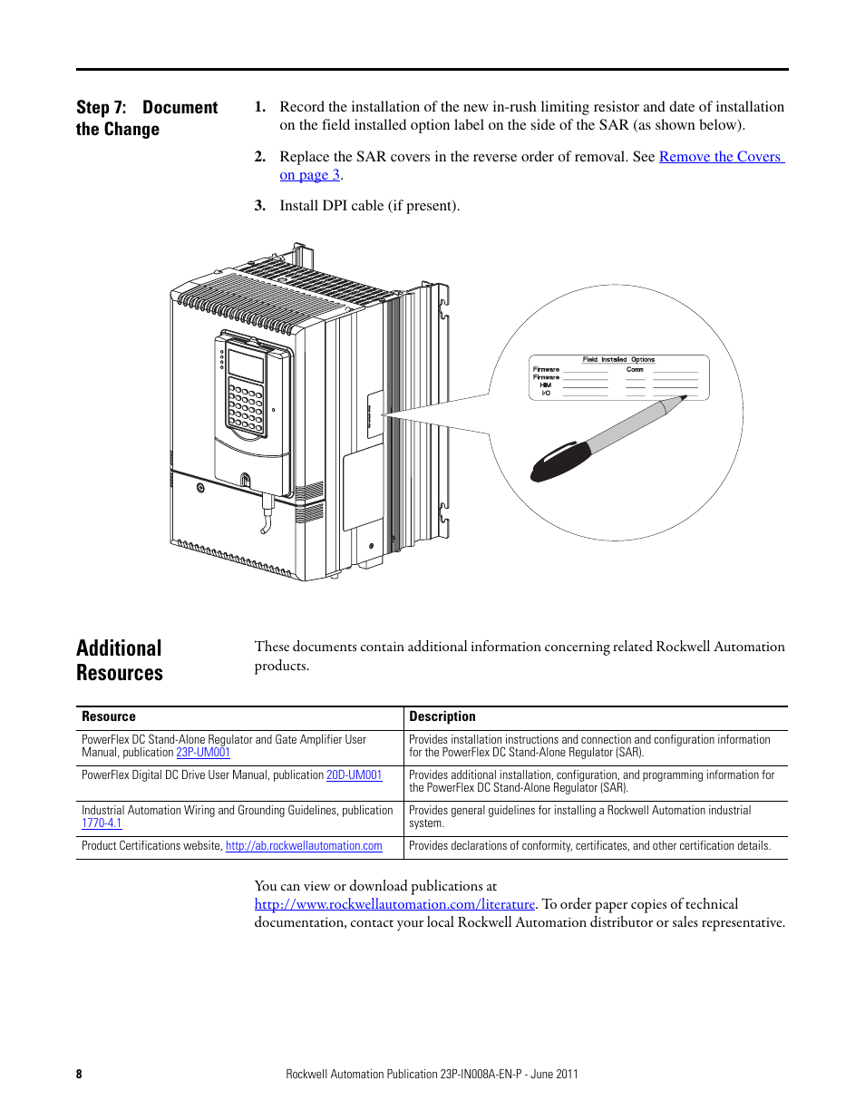 Step 7: document the change, Additional resources, Document the change | Rockwell Automation 23P PowerFlex DC Stand-Alone Regulator (SAR) In-Rush Limiting Resistor User Manual | Page 8 / 10