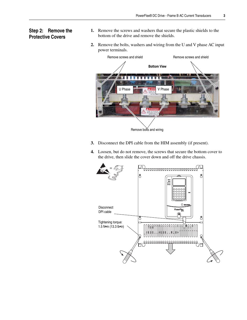 Step 2: remove the protective covers | Rockwell Automation 20P PowerFlex DC Drive - Frame B AC Current Transducers User Manual | Page 3 / 14