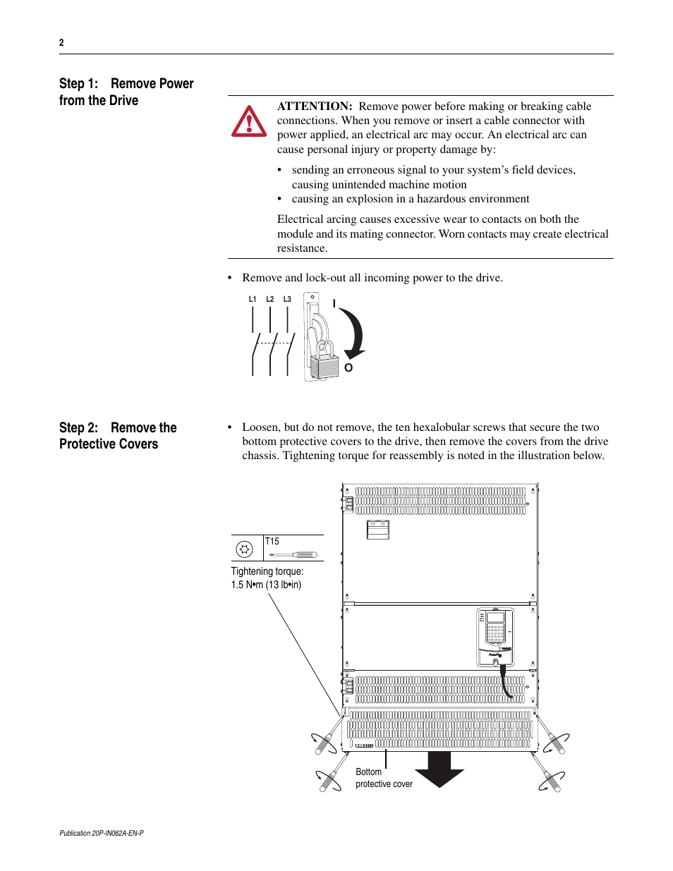 Step 1: remove power from the drive, Step 2: remove the protective covers | Rockwell Automation 20P PowerFlex DC Drive - Frame D Snubber Capacitors User Manual | Page 2 / 4